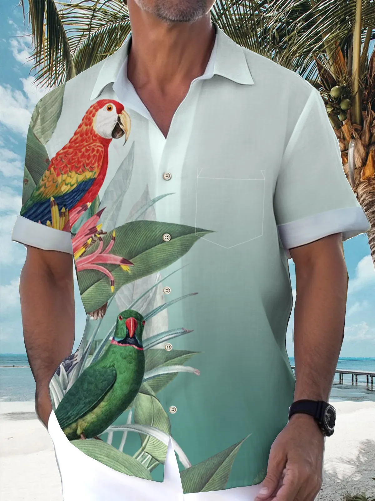 Alohadaddy Parrot Ombre Tropical Leaf Print Men's Vacation Hawaii Big And Tall Aloha Shirt
