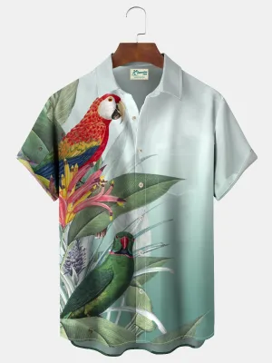 Alohadaddy Parrot Ombre Tropical Leaf Print Men's Vacation Hawaii Big And Tall Aloha Shirt
