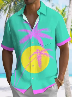 Alohadaddy Plant Coconut Tree Beach Button Pocket Casual Short Sleeve Shirt