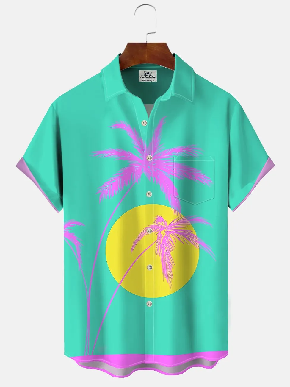 Alohadaddy Plant Coconut Tree Beach Button Pocket Casual Short Sleeve Shirt