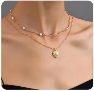 Aluinn Love Heart Layered Necklaces Bead Pearl Choker Necklace Boho Gold Necklace Chain for Women