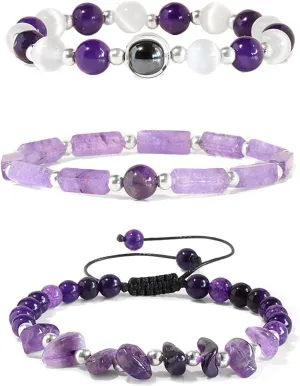 Amethyst Bracelets for Women Natural Stone Healing Beaded Bracelet Stress Anxiety Relief Watermelon Crystals Moonstone Opal Hematite Stretch Jewelry Gift for Women