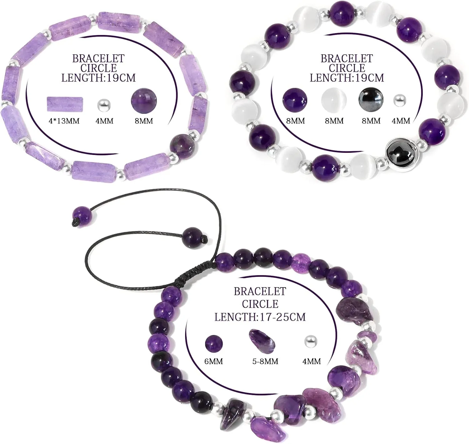 Amethyst Bracelets for Women Natural Stone Healing Beaded Bracelet Stress Anxiety Relief Watermelon Crystals Moonstone Opal Hematite Stretch Jewelry Gift for Women