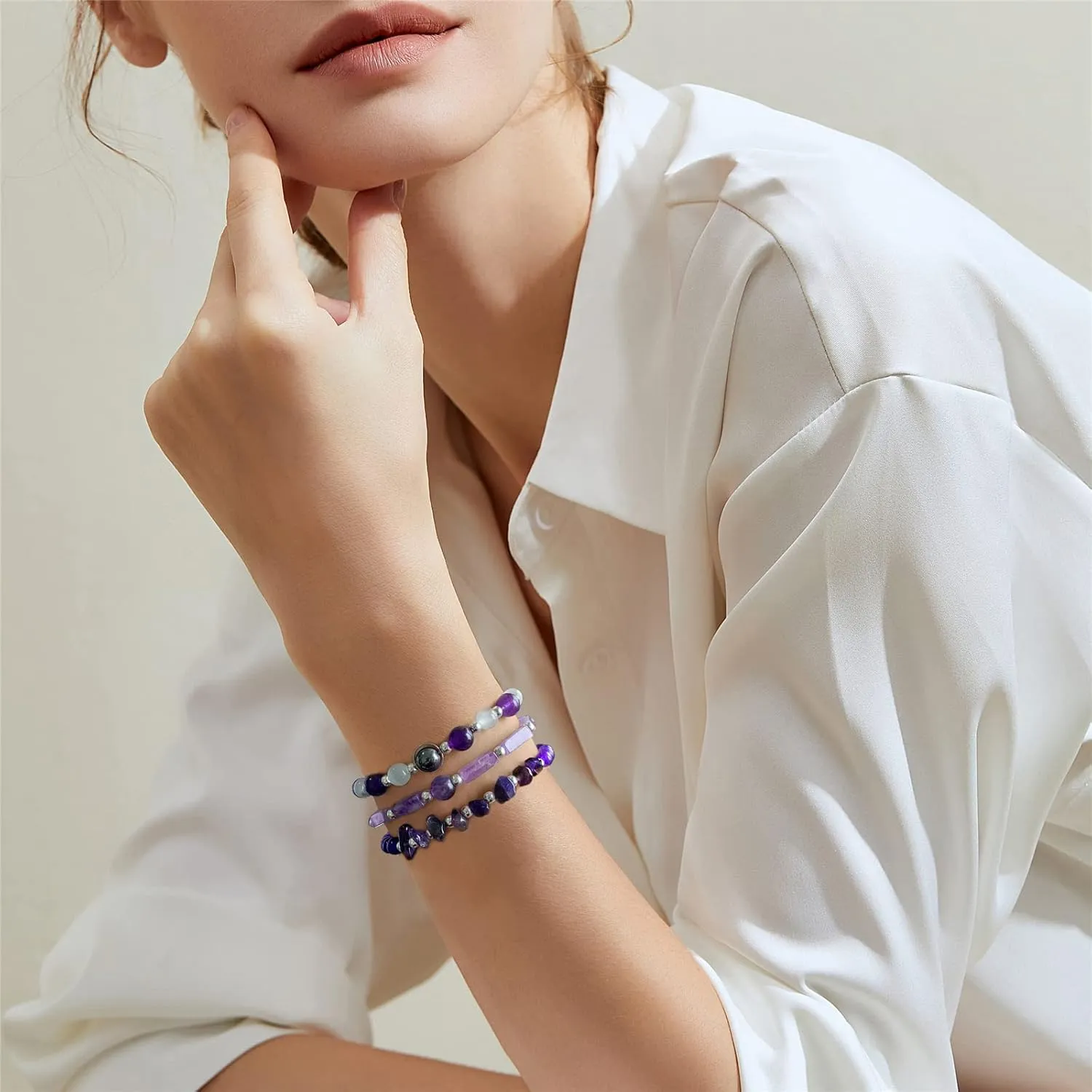 Amethyst Bracelets for Women Natural Stone Healing Beaded Bracelet Stress Anxiety Relief Watermelon Crystals Moonstone Opal Hematite Stretch Jewelry Gift for Women