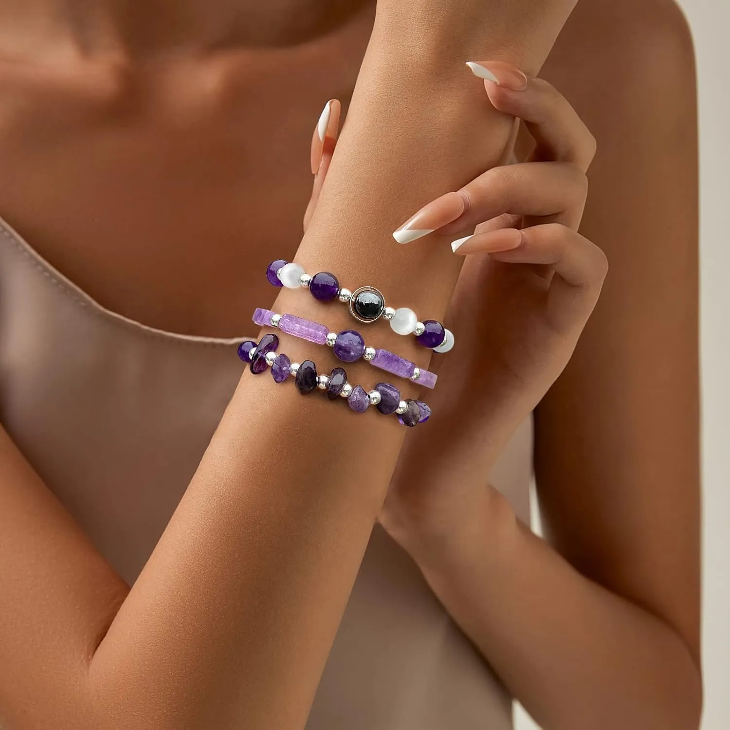 Amethyst Bracelets for Women Natural Stone Healing Beaded Bracelet Stress Anxiety Relief Watermelon Crystals Moonstone Opal Hematite Stretch Jewelry Gift for Women
