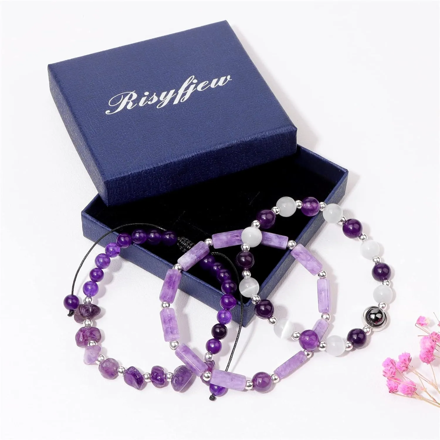 Amethyst Bracelets for Women Natural Stone Healing Beaded Bracelet Stress Anxiety Relief Watermelon Crystals Moonstone Opal Hematite Stretch Jewelry Gift for Women
