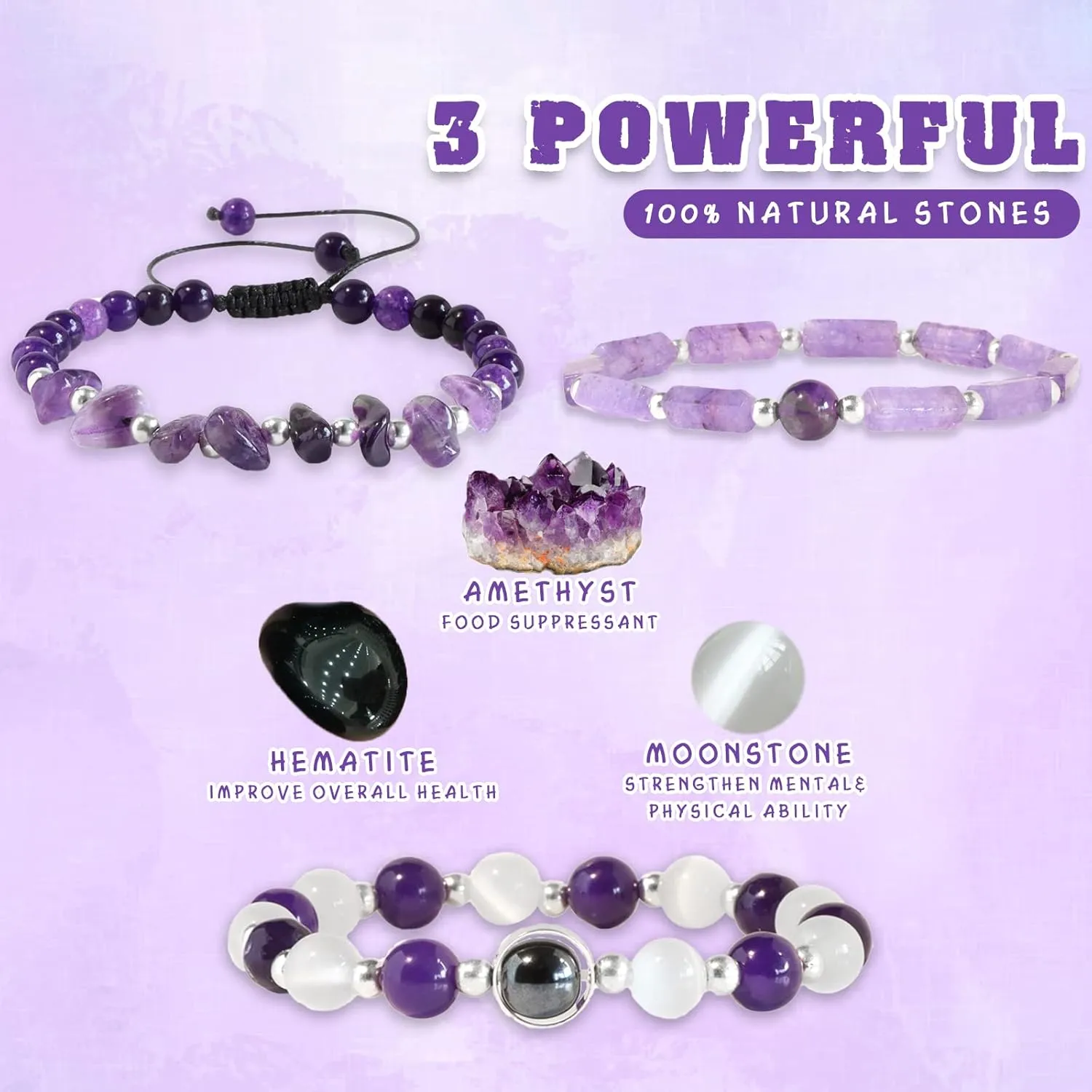 Amethyst Bracelets for Women Natural Stone Healing Beaded Bracelet Stress Anxiety Relief Watermelon Crystals Moonstone Opal Hematite Stretch Jewelry Gift for Women