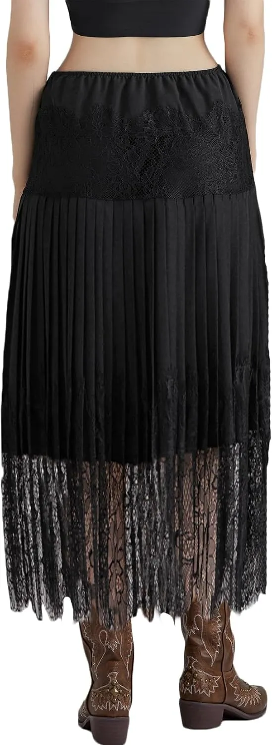 Amuver Women Y2k Lace Midi Skirt Pleated Ruffle Half Slip Long Skirt Layering Flowy Underskirt Shirt Extender