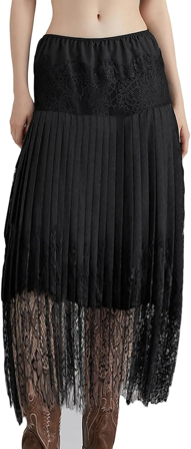 Amuver Women Y2k Lace Midi Skirt Pleated Ruffle Half Slip Long Skirt Layering Flowy Underskirt Shirt Extender