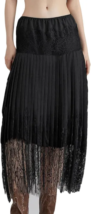 Amuver Women Y2k Lace Midi Skirt Pleated Ruffle Half Slip Long Skirt Layering Flowy Underskirt Shirt Extender