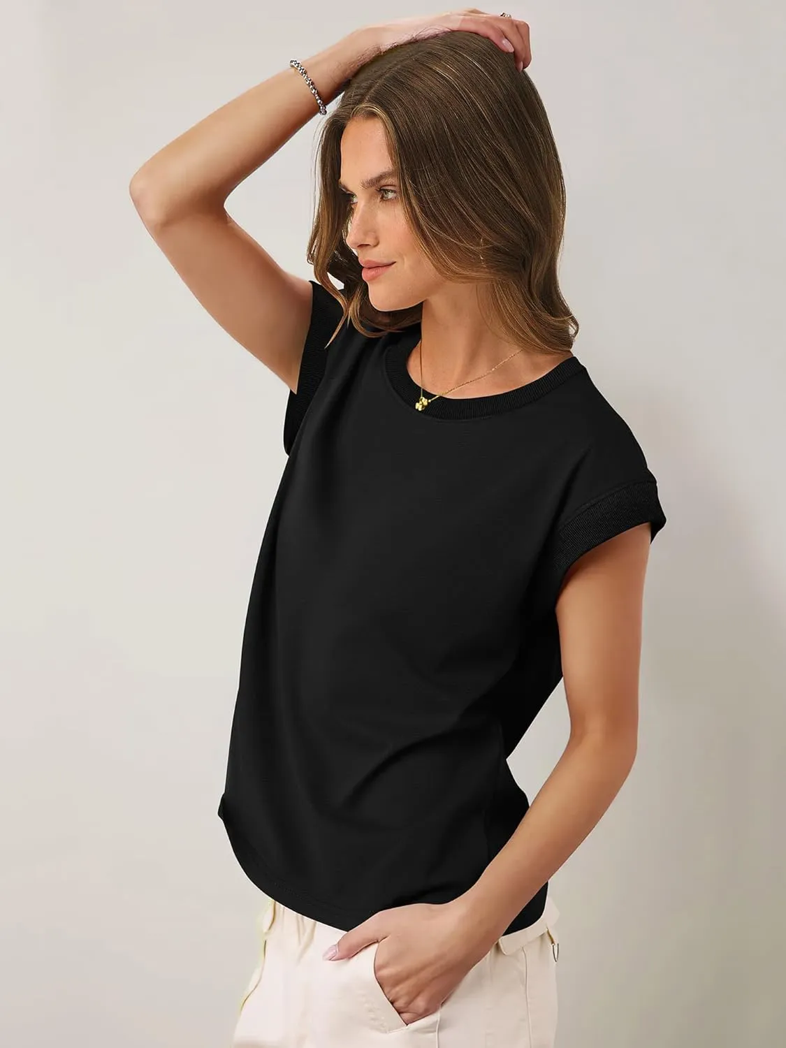 ANRABESS Women Cap Sleeve Tops 2025 Trendy Summer Loose Fit Cute Basic T Shirts Business Dressy Casual Outfits Clothes