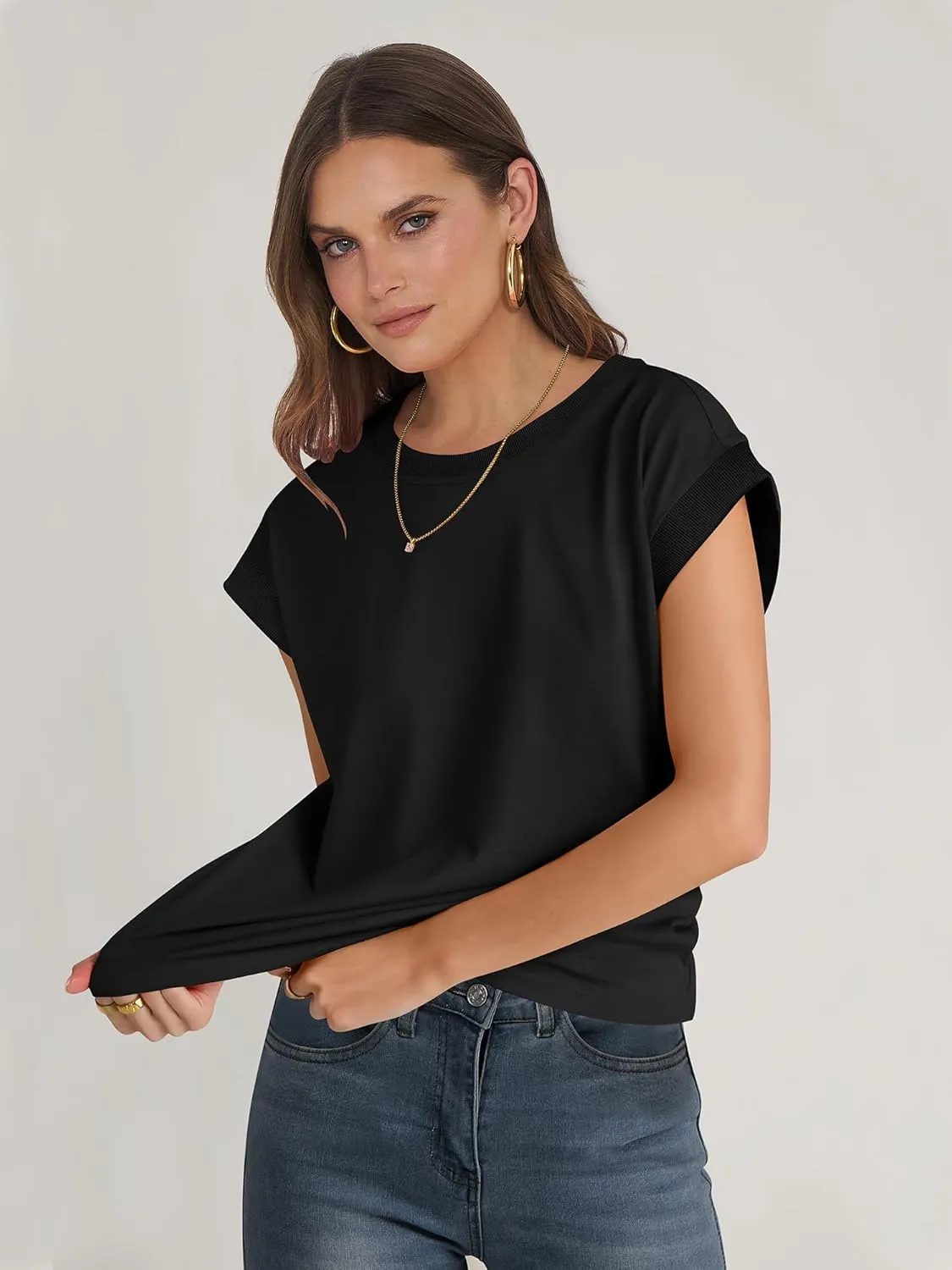 ANRABESS Women Cap Sleeve Tops 2025 Trendy Summer Loose Fit Cute Basic T Shirts Business Dressy Casual Outfits Clothes