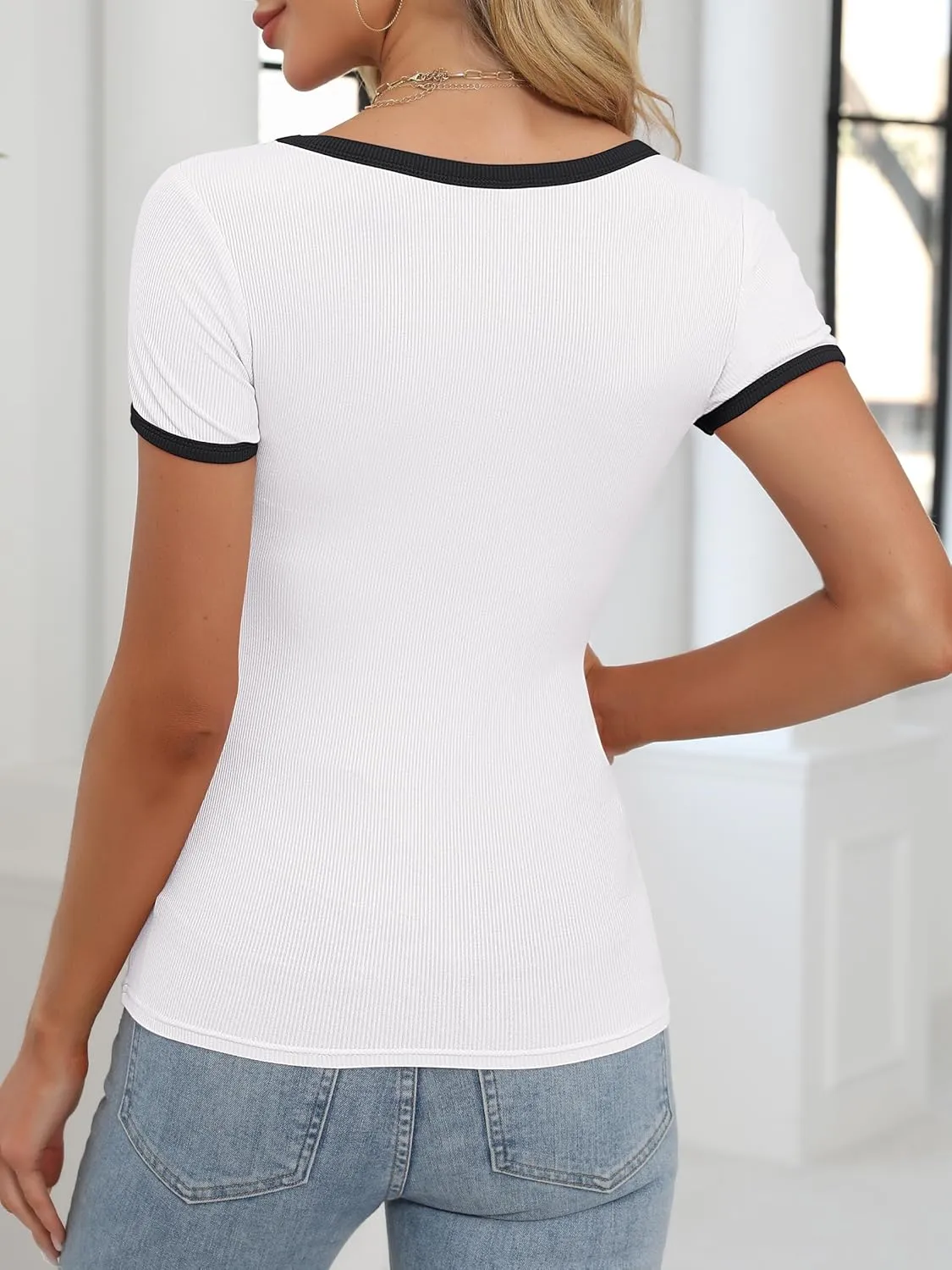 ANRABESS Women Short Sleeve Tops Square Neck Ribbed Knit Color Block T Shirts Fitted Casual Summer 2025 Trendy Basic Tees