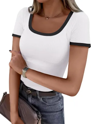 ANRABESS Women Short Sleeve Tops Square Neck Ribbed Knit Color Block T Shirts Fitted Casual Summer 2025 Trendy Basic Tees