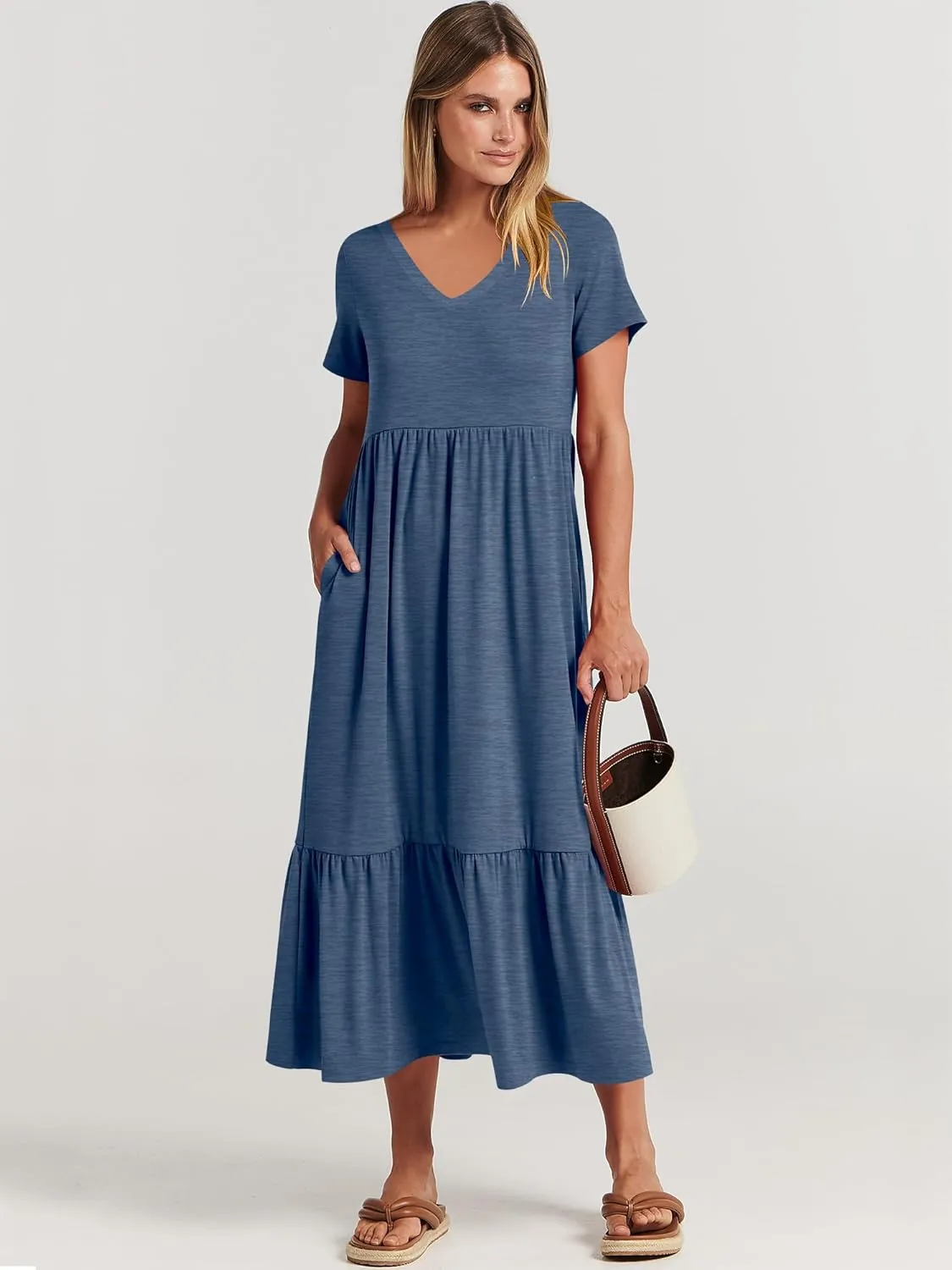 ANRABESS Women's Summer Casual Short Sleeve T Shirts Maxi Dress Flowy V Neck Tiered Beach Vacation Sundress 2025 Outfits