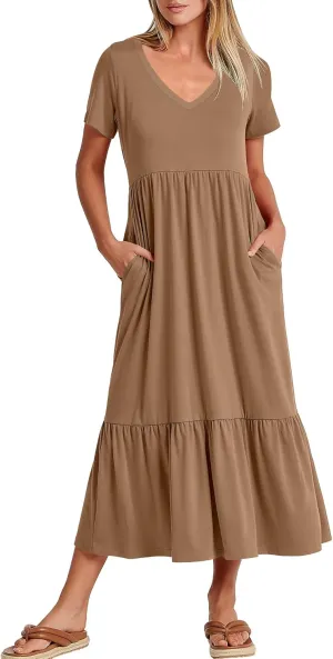 ANRABESS Women's Summer Casual Short Sleeve T Shirts Maxi Dress Flowy V Neck Tiered Beach Vacation Sundress 2025 Outfits