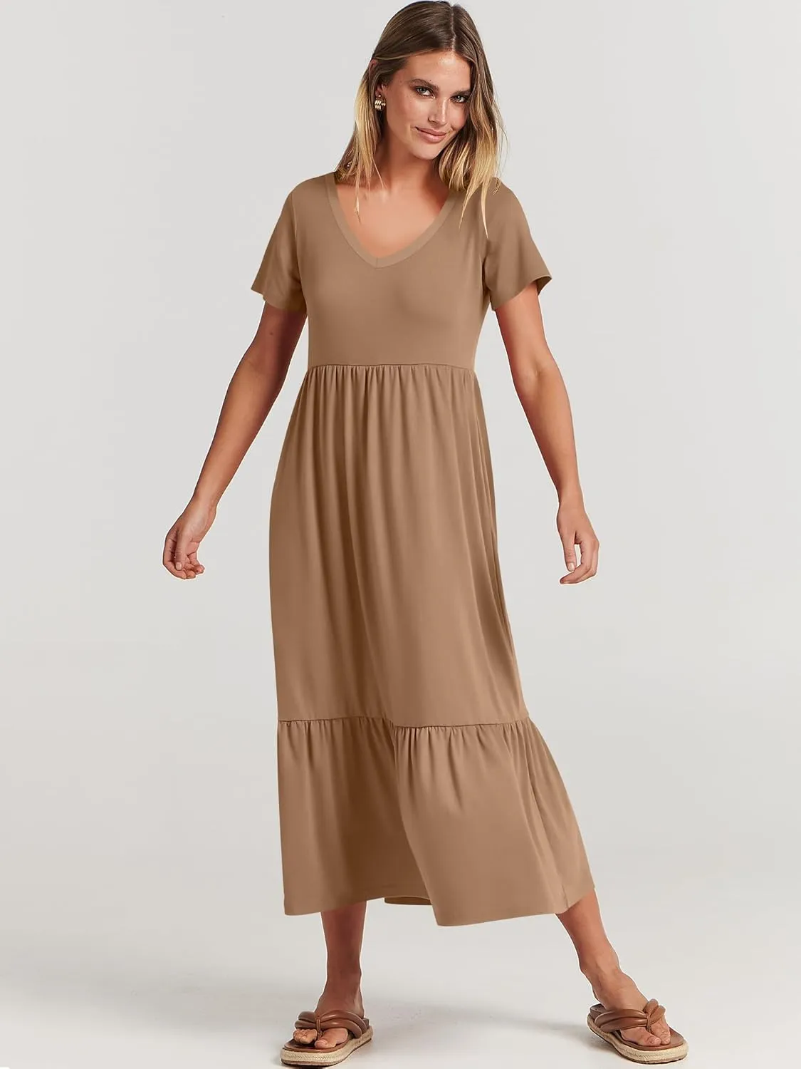 ANRABESS Women's Summer Casual Short Sleeve T Shirts Maxi Dress Flowy V Neck Tiered Beach Vacation Sundress 2025 Outfits