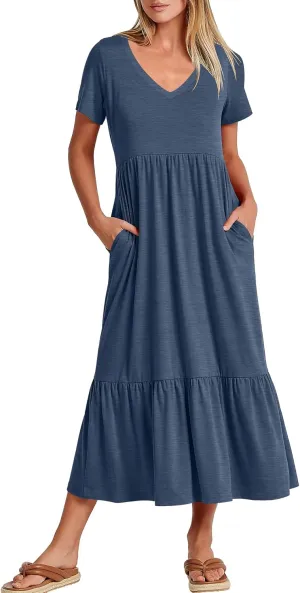 ANRABESS Women's Summer Casual Short Sleeve T Shirts Maxi Dress Flowy V Neck Tiered Beach Vacation Sundress 2025 Outfits