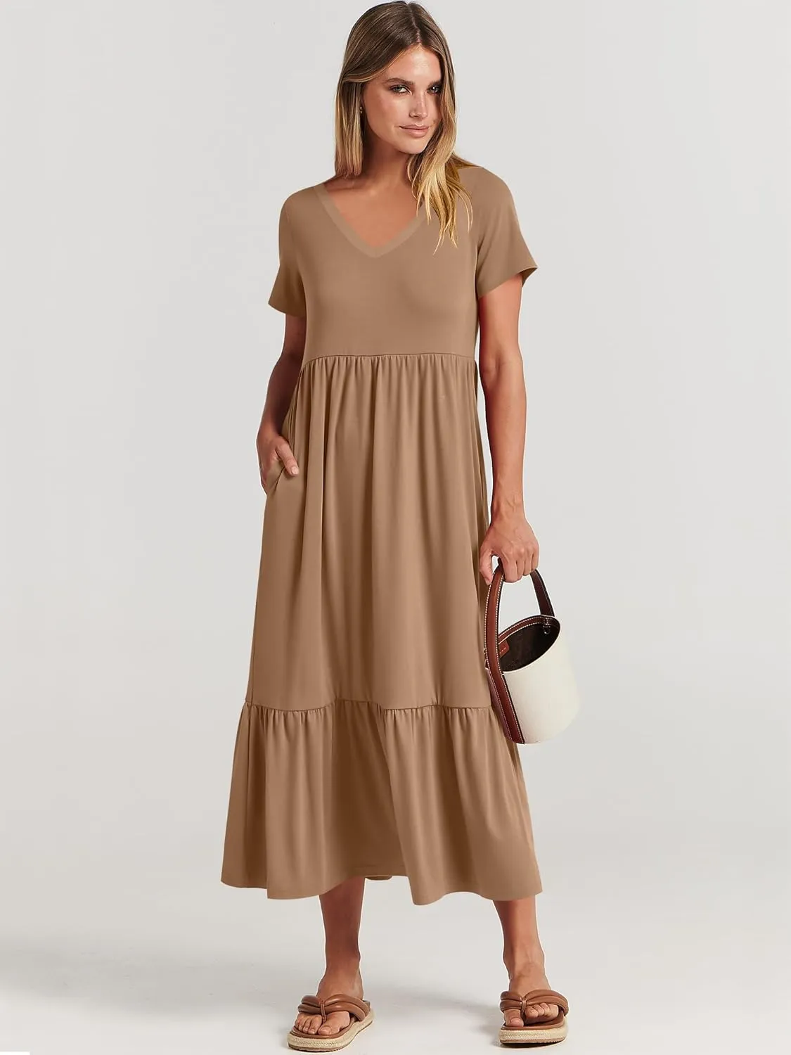ANRABESS Women's Summer Casual Short Sleeve T Shirts Maxi Dress Flowy V Neck Tiered Beach Vacation Sundress 2025 Outfits