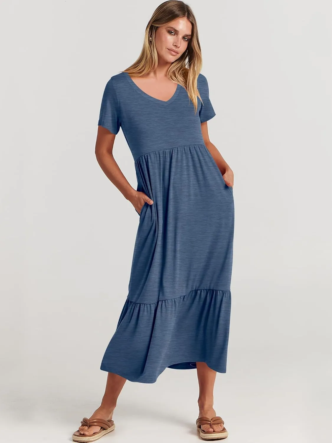 ANRABESS Women's Summer Casual Short Sleeve T Shirts Maxi Dress Flowy V Neck Tiered Beach Vacation Sundress 2025 Outfits
