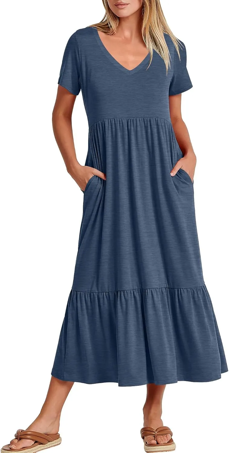 ANRABESS Women's Summer Casual Short Sleeve T Shirts Maxi Dress Flowy V Neck Tiered Beach Vacation Sundress 2025 Outfits