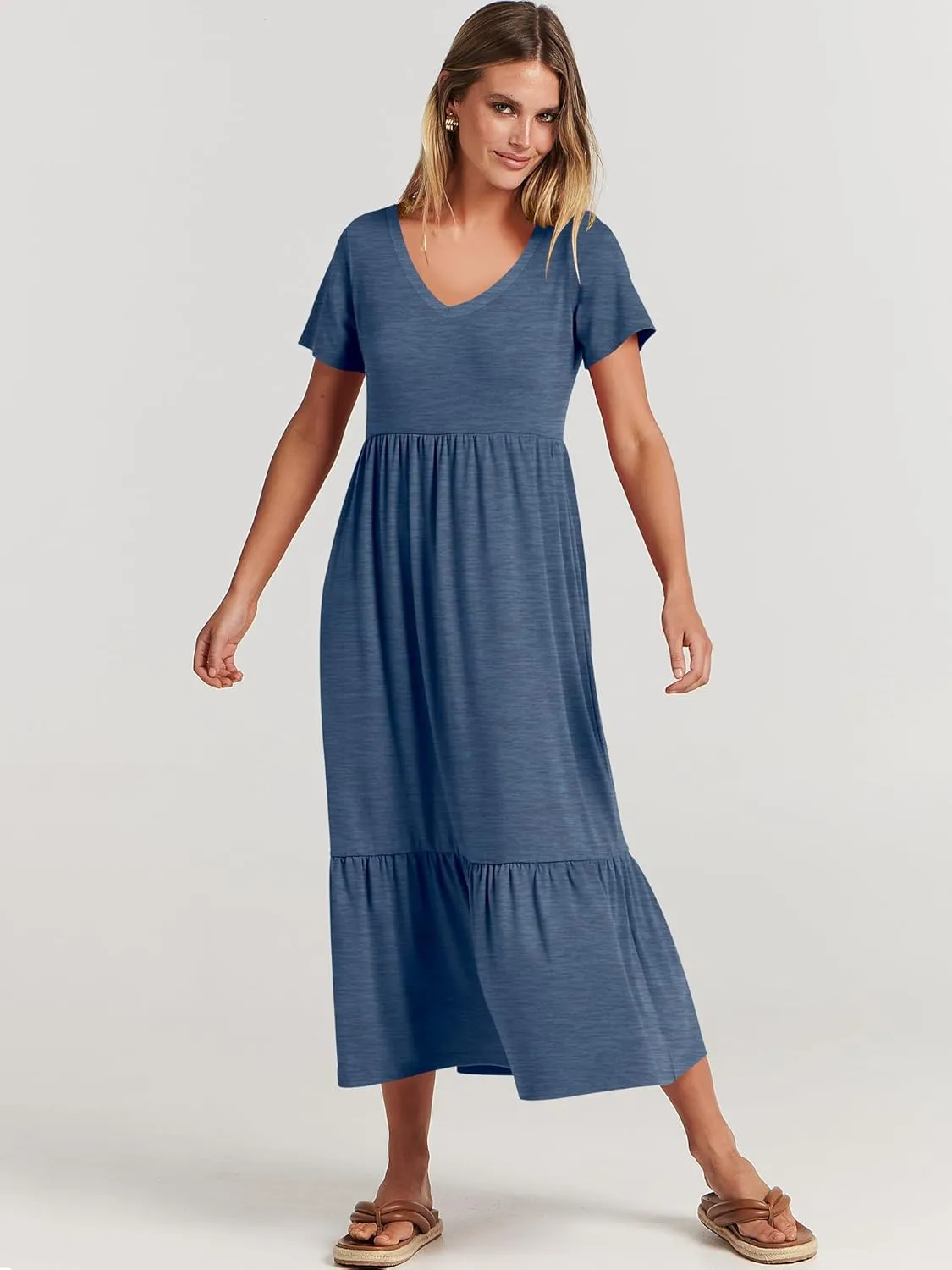 ANRABESS Women's Summer Casual Short Sleeve T Shirts Maxi Dress Flowy V Neck Tiered Beach Vacation Sundress 2025 Outfits