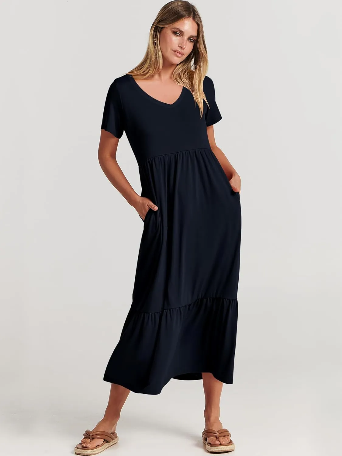 ANRABESS Women's Summer Casual Short Sleeve T Shirts Maxi Dress Flowy V Neck Tiered Beach Vacation Sundress 2025 Outfits