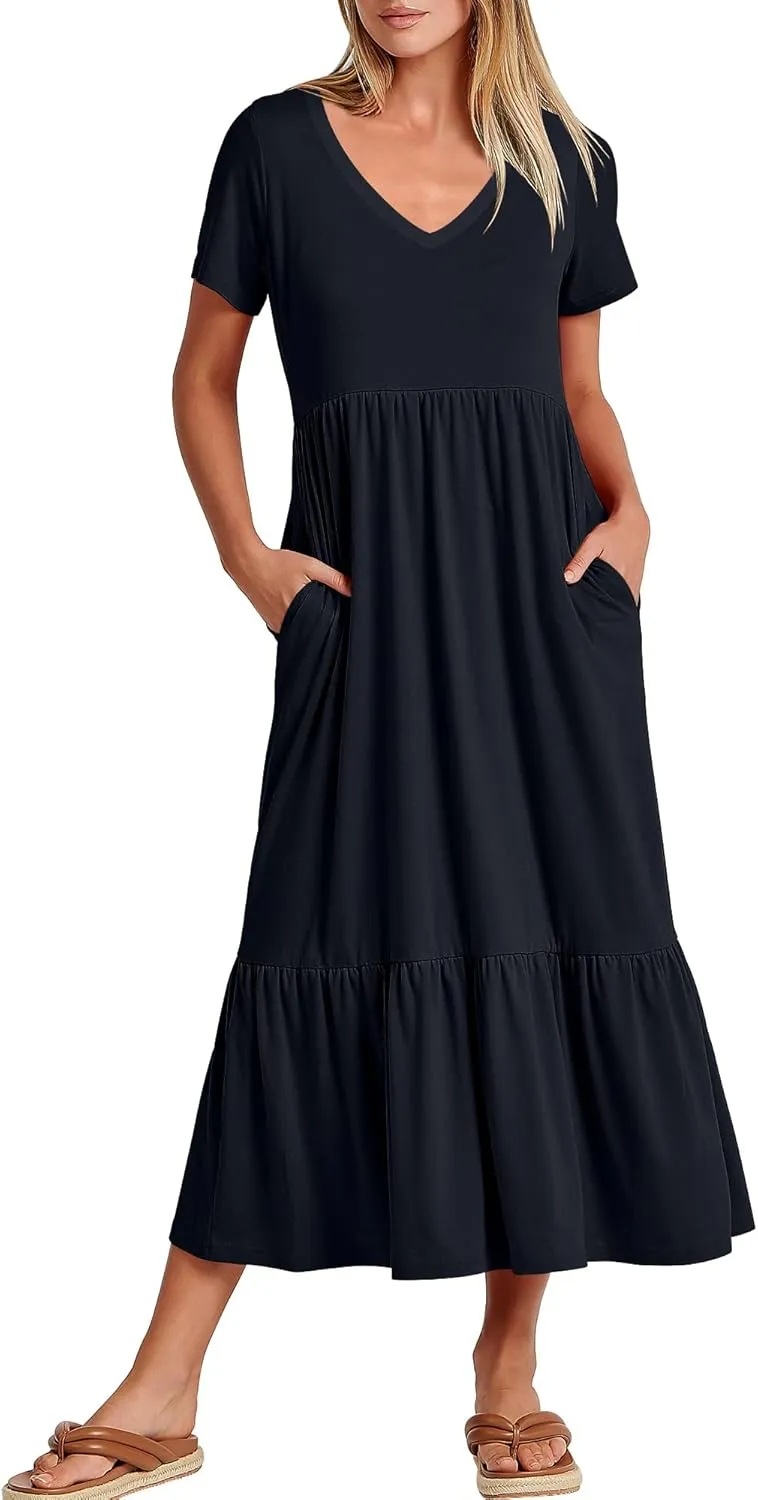 ANRABESS Women's Summer Casual Short Sleeve T Shirts Maxi Dress Flowy V Neck Tiered Beach Vacation Sundress 2025 Outfits