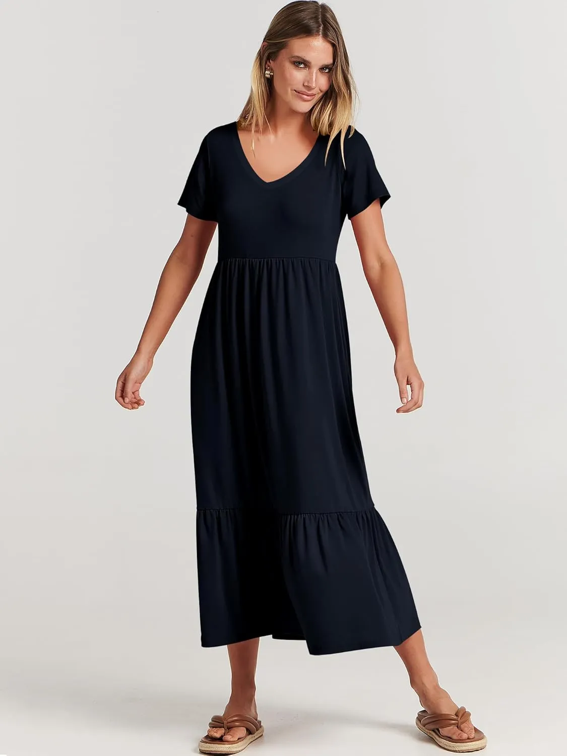 ANRABESS Women's Summer Casual Short Sleeve T Shirts Maxi Dress Flowy V Neck Tiered Beach Vacation Sundress 2025 Outfits