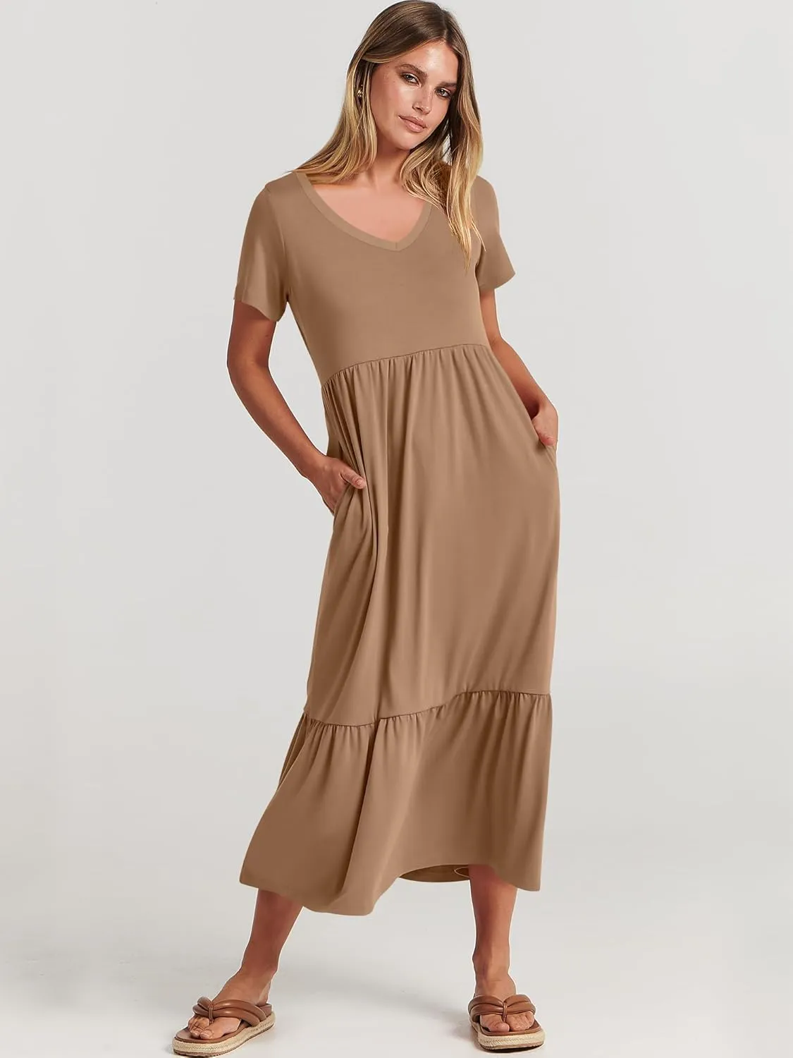 ANRABESS Women's Summer Casual Short Sleeve T Shirts Maxi Dress Flowy V Neck Tiered Beach Vacation Sundress 2025 Outfits