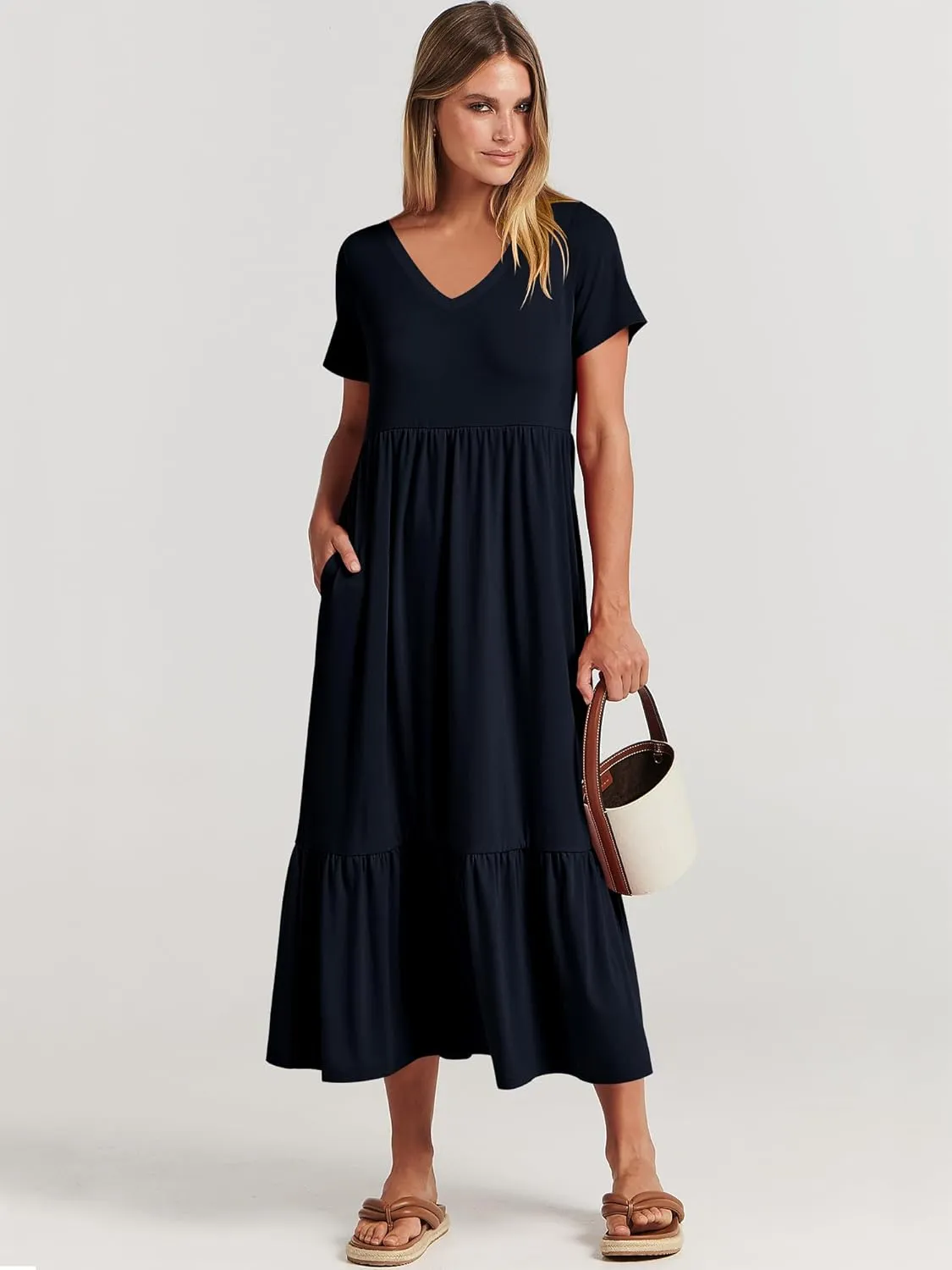 ANRABESS Women's Summer Casual Short Sleeve T Shirts Maxi Dress Flowy V Neck Tiered Beach Vacation Sundress 2025 Outfits
