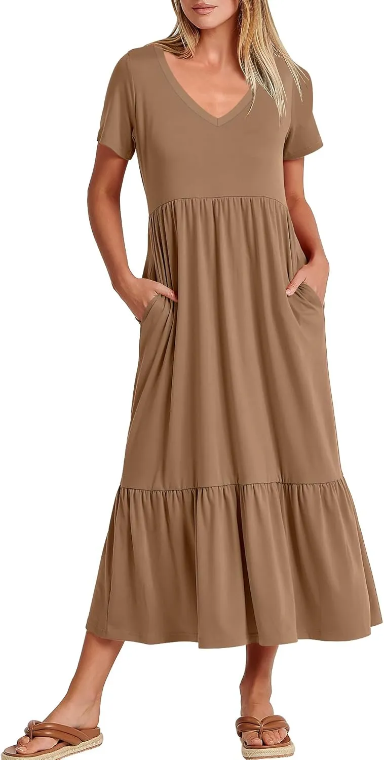 ANRABESS Women's Summer Casual Short Sleeve T Shirts Maxi Dress Flowy V Neck Tiered Beach Vacation Sundress 2025 Outfits