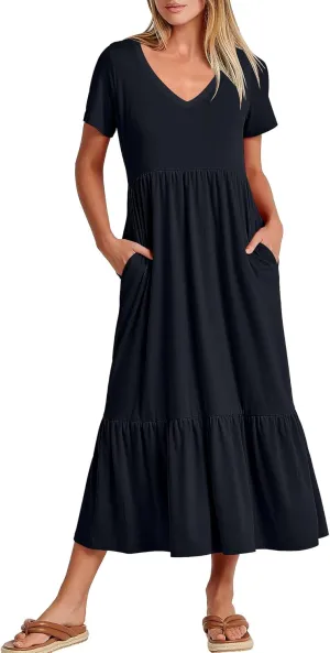 ANRABESS Women's Summer Casual Short Sleeve T Shirts Maxi Dress Flowy V Neck Tiered Beach Vacation Sundress 2025 Outfits
