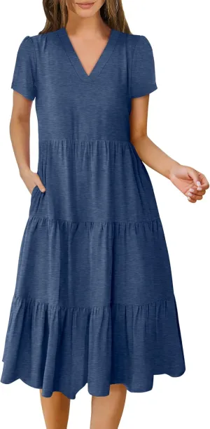 ANRABESS Women's Summer Casual Short Sleeve V Neck Midi Dresses 2025 Spring Flowy A-line Tiered T Shirts Boho Beach Dress