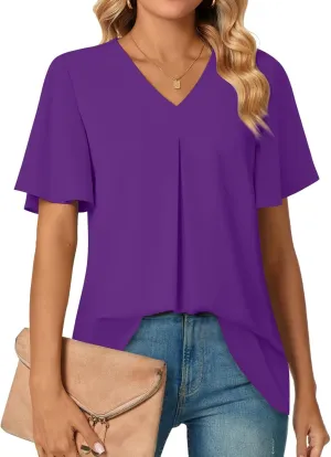 Anyally Womens Summer Dressy Chiffon Blouses V Neck 2025 Short Sleeve Tunic Tops for Leggings Casual T-Shirts