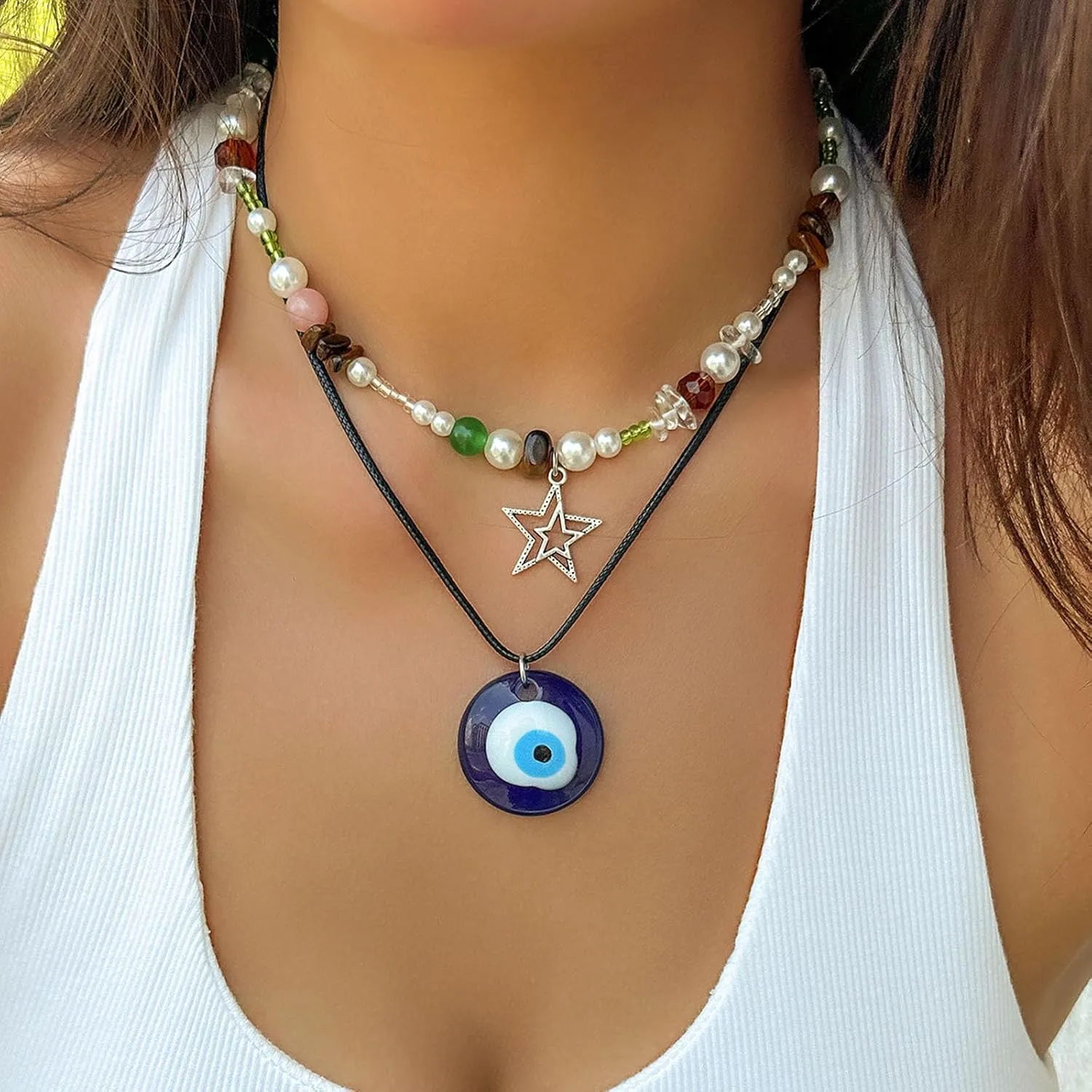 Aonklot Evil Eye Necklace for Women Boho Layered Necklace Star Pendant Necklace Beads Choker Necklace Halloween Birthday Christmas Thanksgiving Jewelry Gift