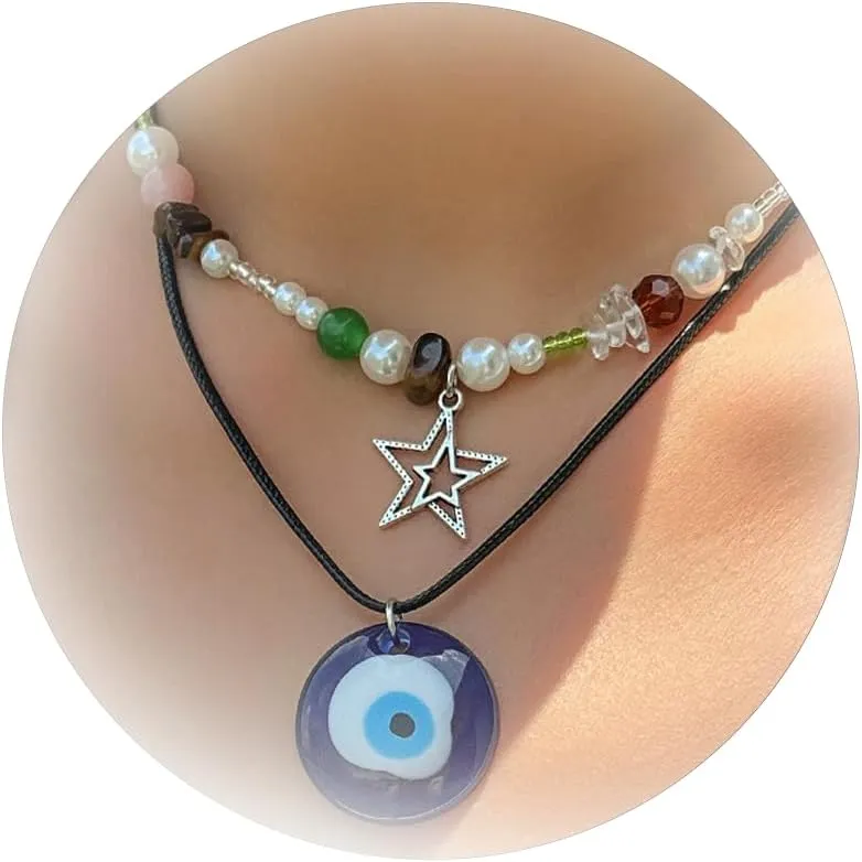 Aonklot Evil Eye Necklace for Women Boho Layered Necklace Star Pendant Necklace Beads Choker Necklace Halloween Birthday Christmas Thanksgiving Jewelry Gift