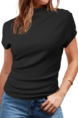 Arach&Cloz Women's Ruched Summer Y2k Tops Mock Neck Cap Sleeve T Shirts Slim Fit Ladies Blouse Vacation Outfits