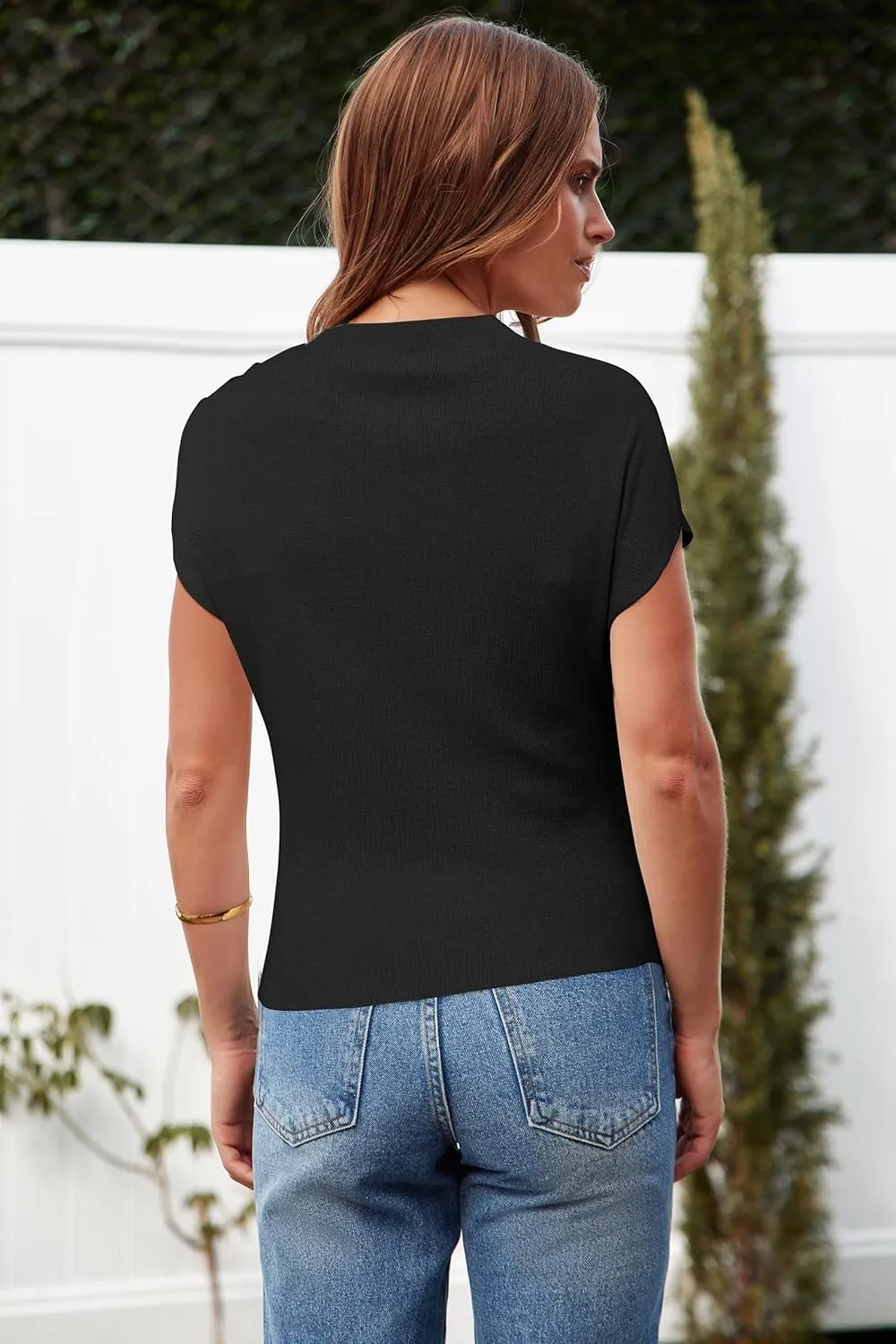 Arach&Cloz Women's Ruched Summer Y2k Tops Mock Neck Cap Sleeve T Shirts Slim Fit Ladies Blouse Vacation Outfits