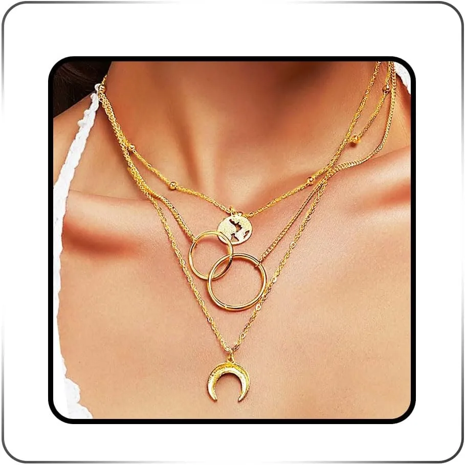 Asooll Boho Layered Pendant Necklaces Vintage Moon Necklace for Women(Gold)