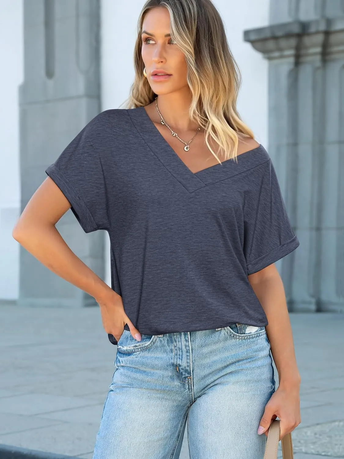 ATHMILE V Neck T Shirts for Women Summer Tops Soft Casual Short Sleeve Cute Basic Trendy Outfits 2025