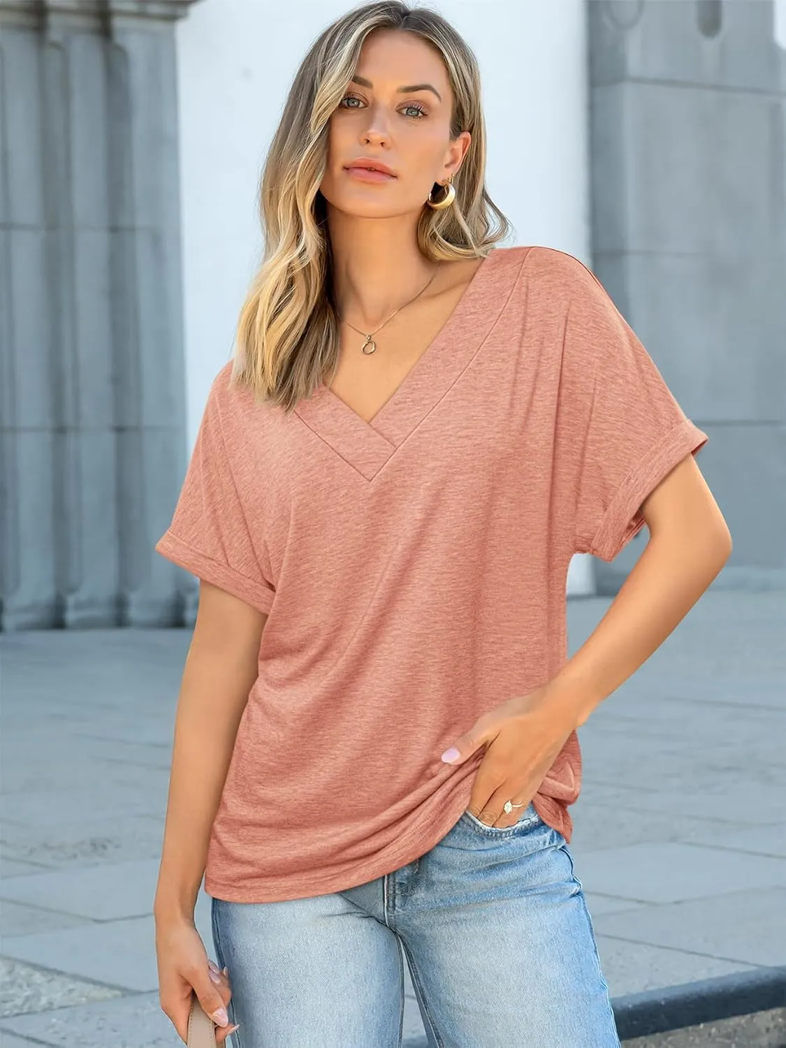 ATHMILE V Neck T Shirts for Women Summer Tops Soft Casual Short Sleeve Cute Basic Trendy Outfits 2025