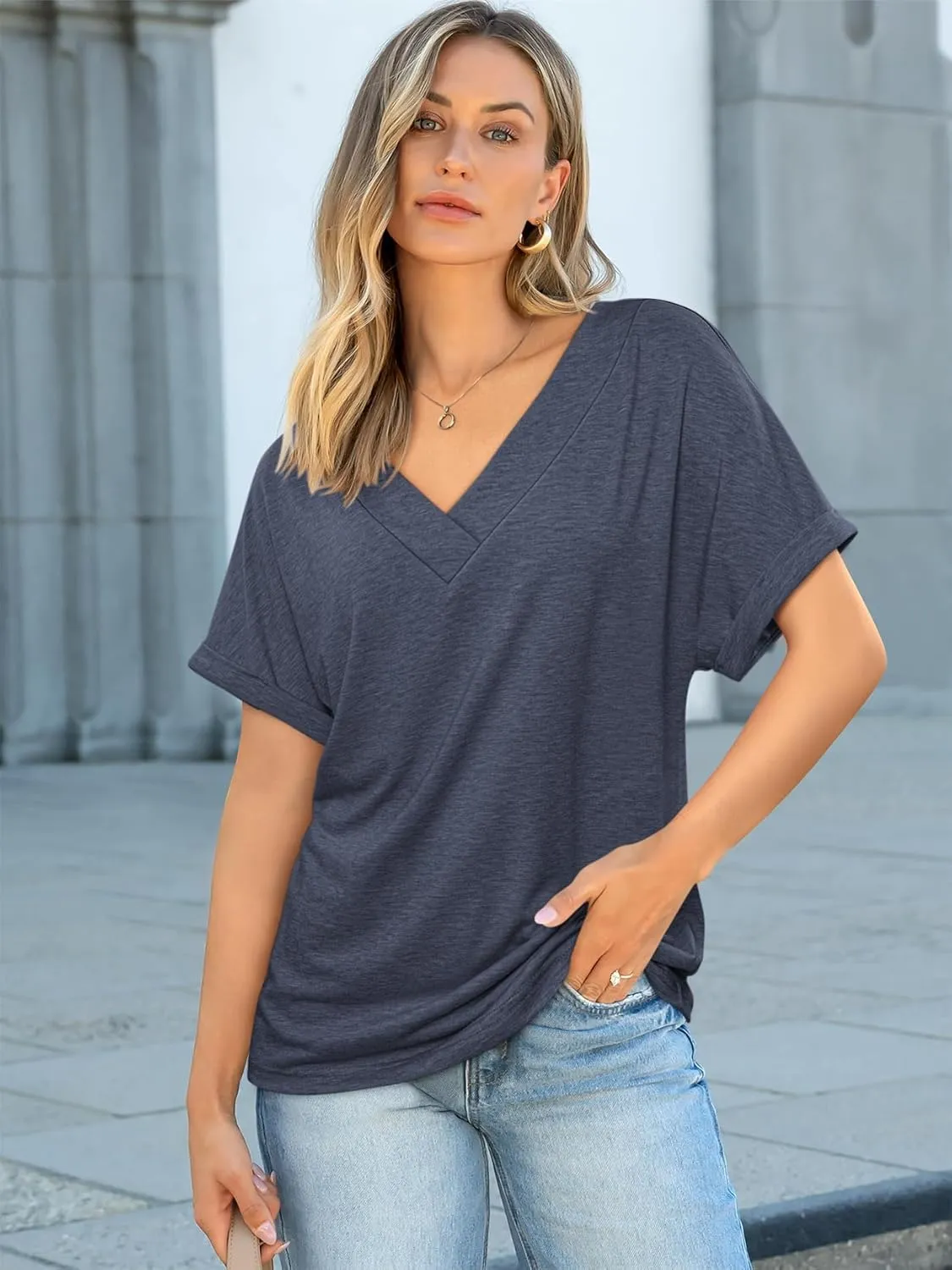 ATHMILE V Neck T Shirts for Women Summer Tops Soft Casual Short Sleeve Cute Basic Trendy Outfits 2025