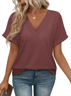 ATHMILE V Neck T Shirts for Women Summer Tops Soft Casual Short Sleeve Cute Basic Trendy Outfits 2025