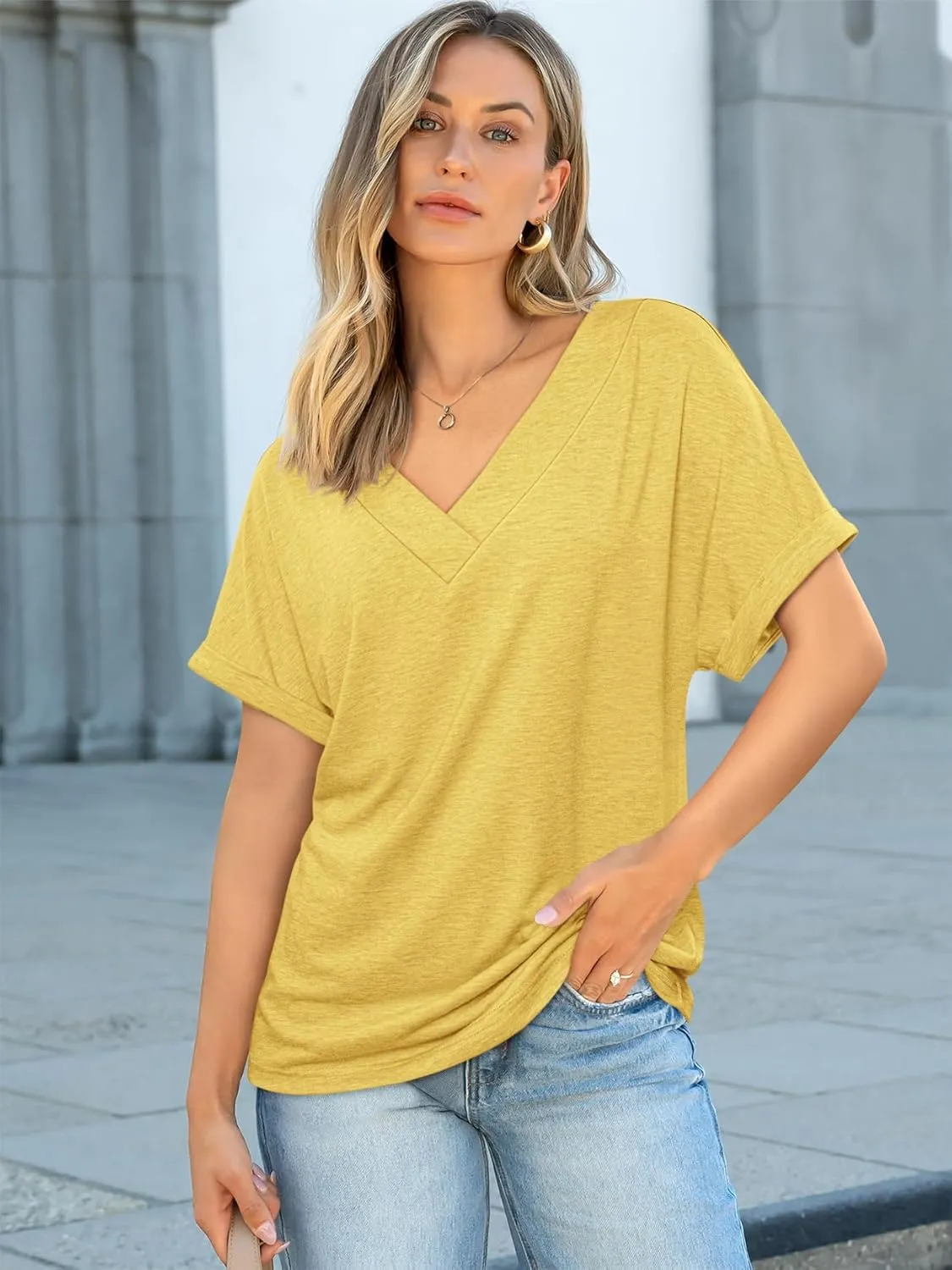 ATHMILE V Neck T Shirts for Women Summer Tops Soft Casual Short Sleeve Cute Basic Trendy Outfits 2025