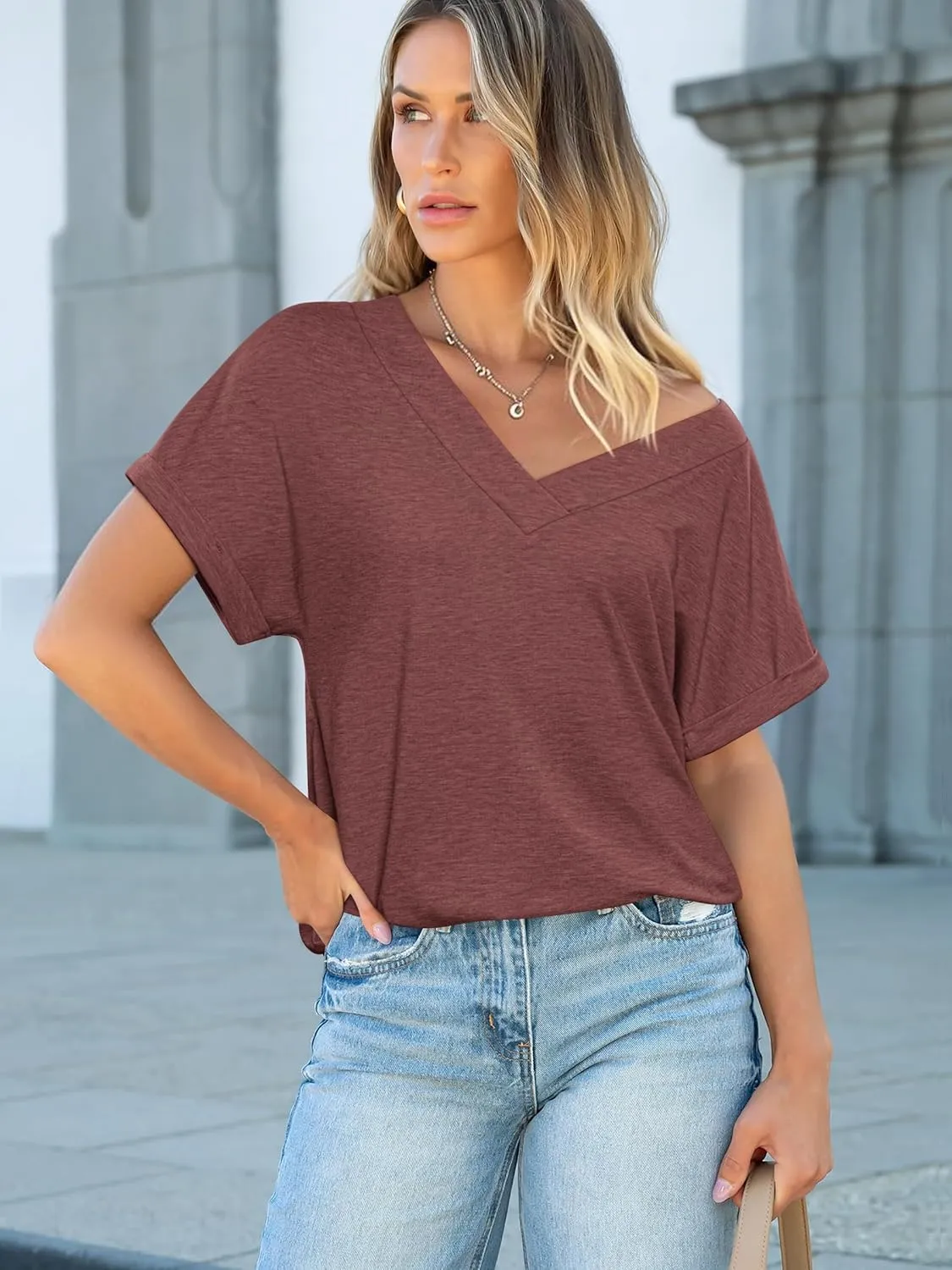ATHMILE V Neck T Shirts for Women Summer Tops Soft Casual Short Sleeve Cute Basic Trendy Outfits 2025