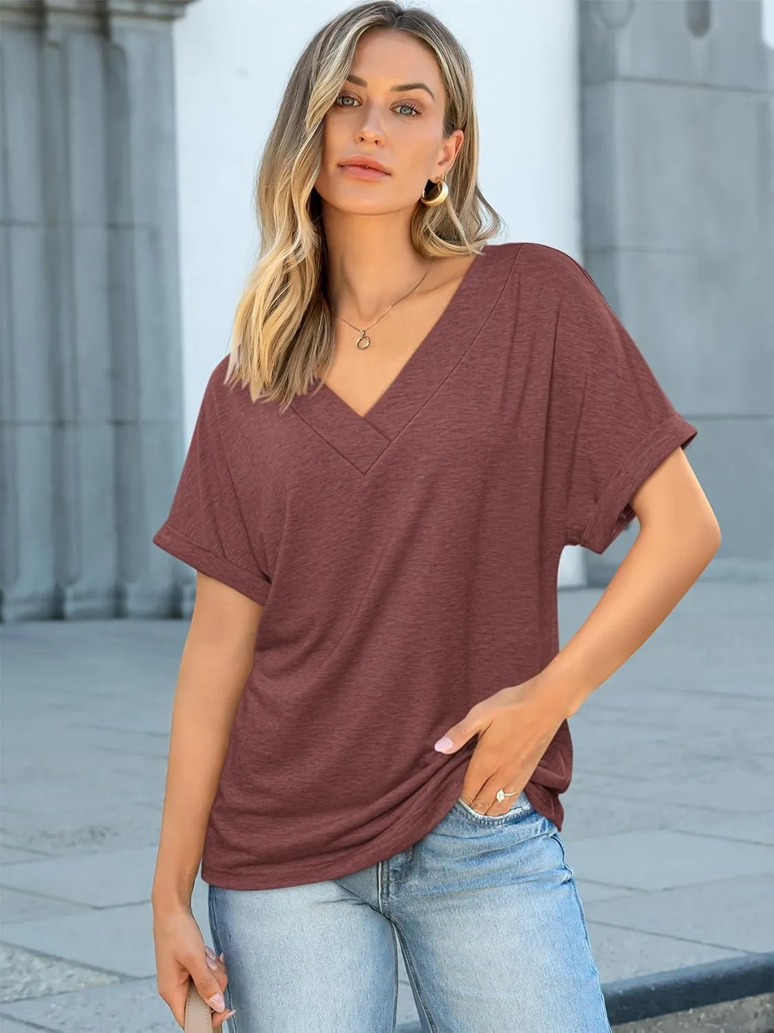 ATHMILE V Neck T Shirts for Women Summer Tops Soft Casual Short Sleeve Cute Basic Trendy Outfits 2025