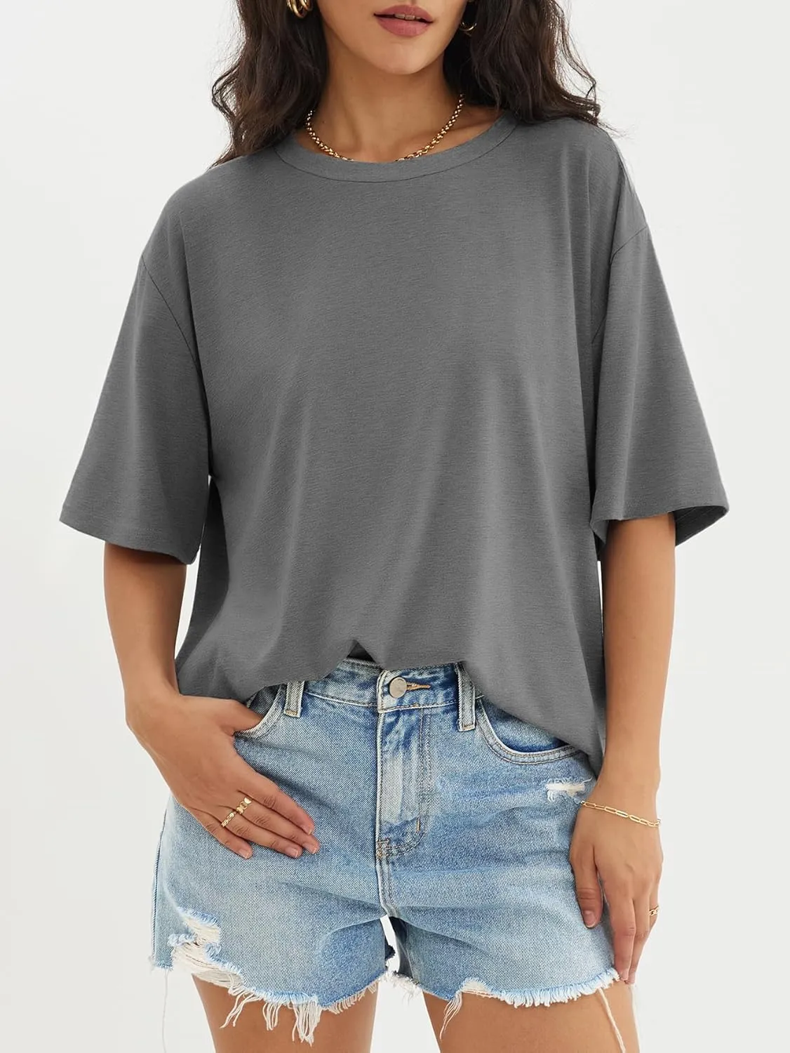 ATHMILE Womens Oversized T Shirts Loose Fit Crewneck Short Sleeve Tops Summer Casual Blouse Y2K 2025 Basic Tee Beach