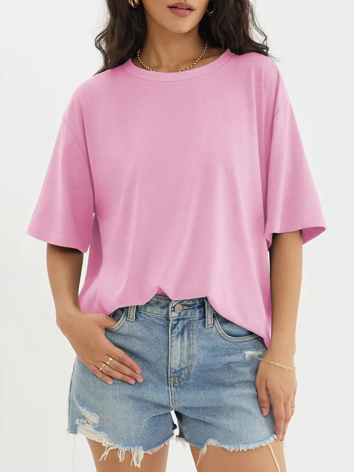 ATHMILE Womens Oversized T Shirts Loose Fit Crewneck Short Sleeve Tops Summer Casual Blouse Y2K 2025 Basic Tee Beach