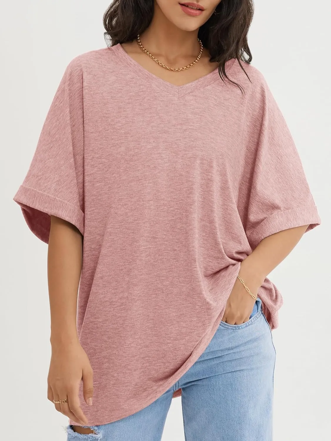 ATHMILE Womens Oversized T Shirts Loose Fit V Neck Short Sleeve Summer Casual Blouse 2025 Y2K Tee Tops